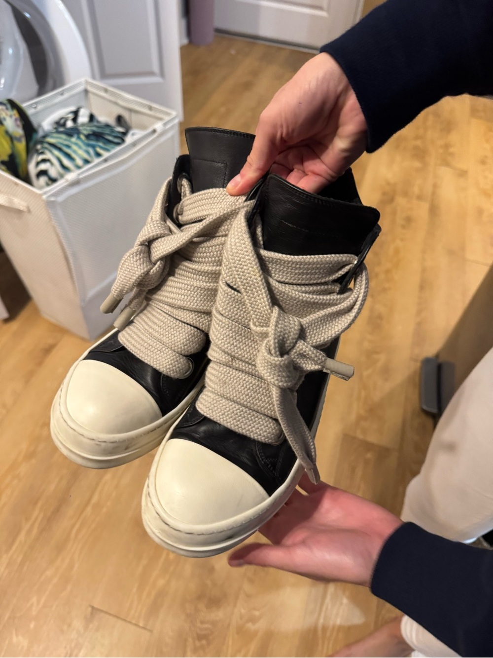 Rick Owens Black High-Top Sneakers with Cream Laces